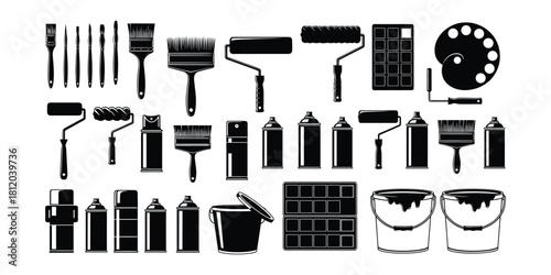 Collection of Black Silhouettes of Painting Supplies brushes roller
