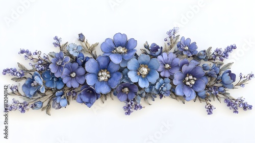 Detailed horizontal arrangement of handmade blue and purple blossoms centered on a white background