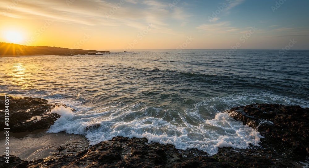 Obraz premium Sunset Over Ocean Waves Crashing on Rocks