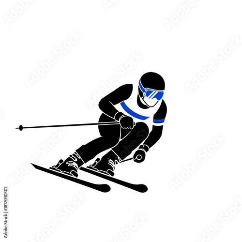 Skier racing down slope in a tuck position on white background  