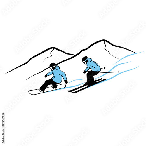 Silhouette of skier and snowboarder descending mountain slope  