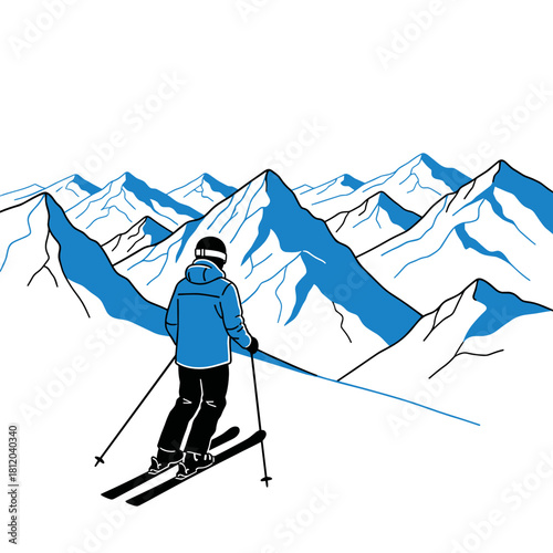 Skier looking over vast mountain range in winter landscape  