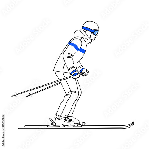 Skier in an upright stance gliding down the slope with equipment  