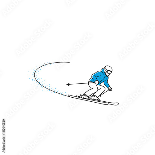 Skier carving a turn on snowy slope in winter landscape  