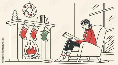 Cozy woman reading a book by the fireplace on christmas day