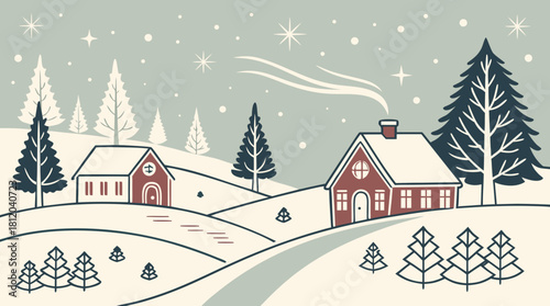 Cozy winter landscape with houses and falling snow