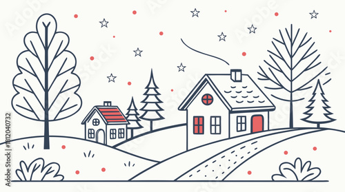 Cozy winter illustration of village and snowfall