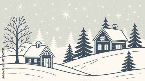 Winter landscape with cozy houses and snowfall