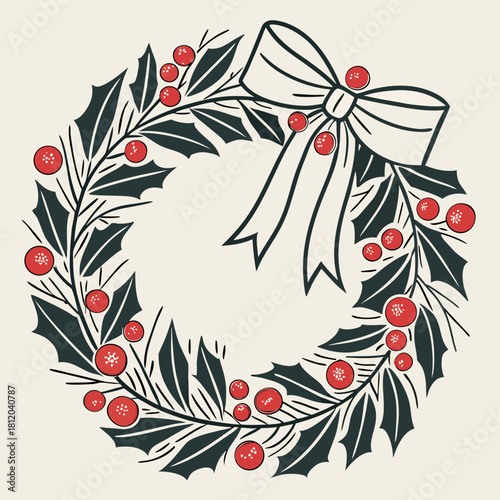 Christmas wreath with red berries and a bow, holiday decoration, illustration