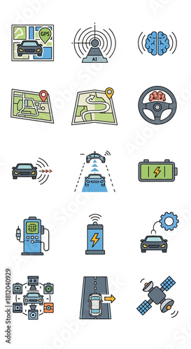 Hand-drawn smart car technology icons set with navigation, autonomous driving, and connectivity symbols.