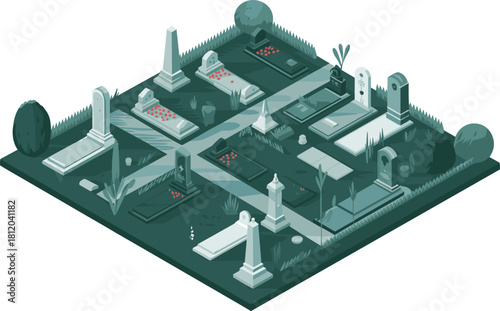 Isometric 3D illustration of a peaceful graveyard with tombstones, flowers, trees, and pathways, cemetery memorial architecture design concept
