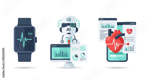 Health Monitoring Devices - Smartwatch, AI Doctor, and Mobile Heart Monitor.