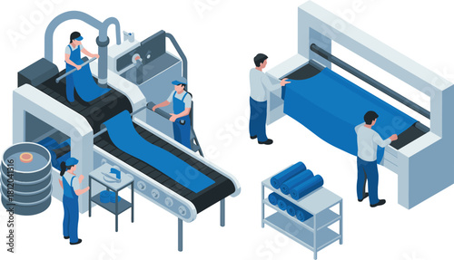 Isometric 3D illustration of a textile manufacturing factory with workers operating machines, fabric production, and industrial cloth processing line