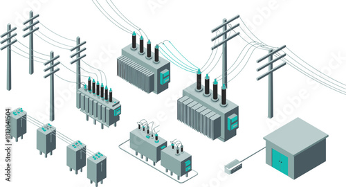 Isometric 3D illustration of an electrical power substation with transformers, high voltage lines, and industrial energy distribution system
