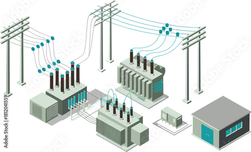 Isometric 3D illustration of an electrical power substation with transformers, high voltage lines, and industrial energy distribution system