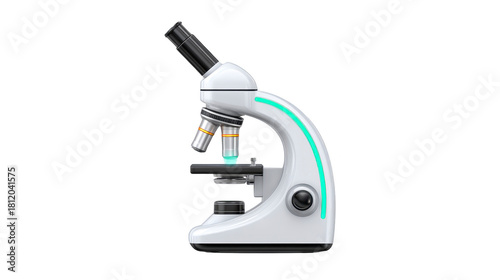 Microscope laboratory equipment science tool white modern isolated research optical instrument technology education. modern white microscope with blue accent isolated transparent background used