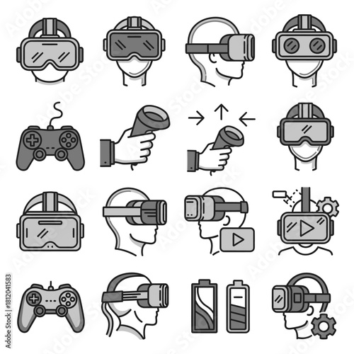 Grayscale Virtual Reality Headset and Gaming Controller Line Art Icons Set.