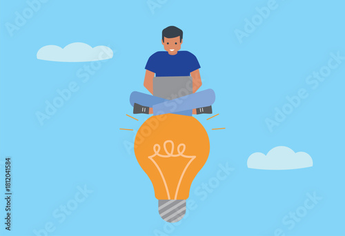 Businessman working with computer laptop on bright light bulb idea