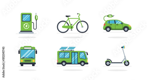 Green eco-friendly transportation icons - gas station, bicycle, electric car, bus, solar bus, scooter.