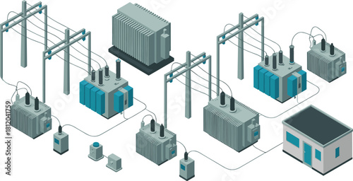 Isometric 3D illustration of an electrical power substation with transformers, high voltage lines, and industrial energy distribution system