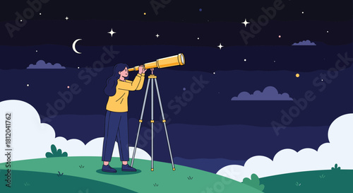 A woman stands on a grassy hill at night, using a telescope to observe the starry sky.