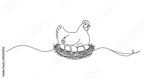 A simple line drawing of a chicken sitting on a nest of eggs in the center of the frame.