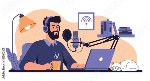 Man recording a podcast at home with a laptop, microphone, and a sleeping cat nearby.