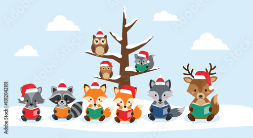 Cute woodland animals wearing Santa hats and reading books in the snow.