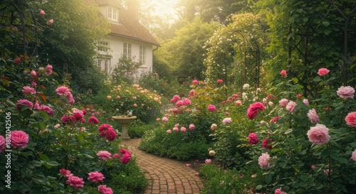 Lush English cottage garden overflows with blooming pink roses illuminated by soft morning sunlight