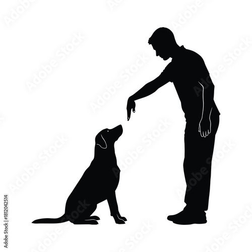 Man training sitting dog silhouette on white background vector illustration