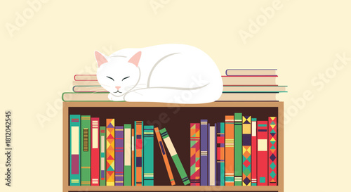 A peaceful white cat naps on a stack of books atop a bookshelf filled with colorful volumes.