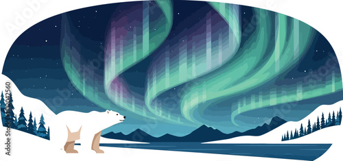 Polar bear beneath the vibrant aurora borealis in a winter wonderland scene