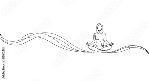 A minimalist black and white line drawing of a person meditating with flowing waves.