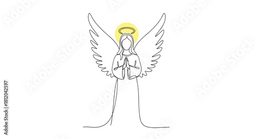 Minimalist line art of an angel with wings spread and a halo, praying with hands together.