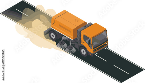 Isometric 3D illustration of an orange street sweeper cleaning the road, urban sanitation vehicle, city maintenance and cleaning service