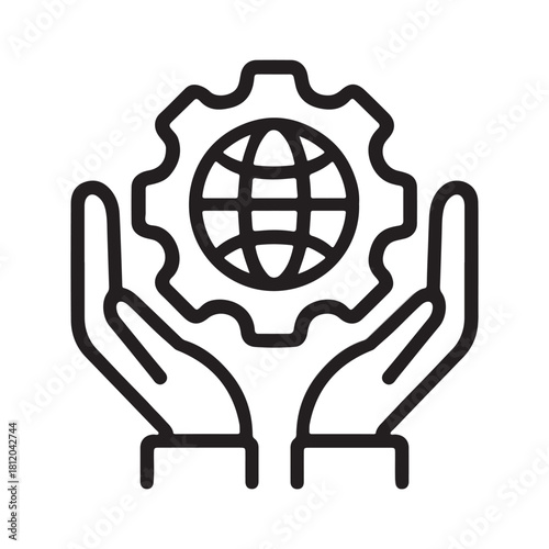 A line art icon depicting two hands cupping a gear with a globe symbol inside, representing concepts of global service, international support, worldwide engineering, or integrated technology solutions