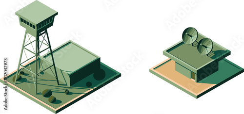 Isometric 3d illustration of communication buildings with satellite antennas and observation tower, modern technology infrastructure and network connection concept