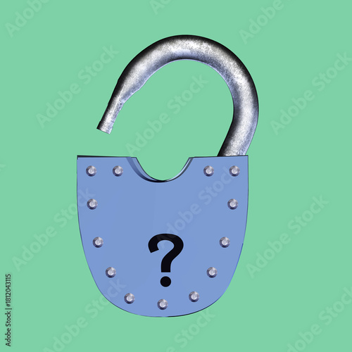 Open steel padlock featuring a bold question mark, conveying unclear access or uncertain protection. Minimal futuristic style suitable for security illustrations.