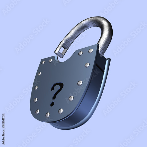 Shiny open lock with a question mark, symbolizing doubt, hidden content, or password issues. Sleek metallic look for tech and cybersecurity themes.
