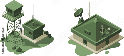 Isometric 3d illustration of communication buildings with satellite antennas and observation tower, modern technology infrastructure and network connection concept