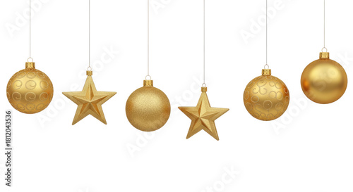 A row of gold Christmas ornaments hanging from white strings.