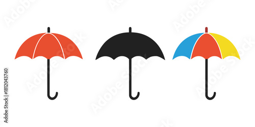 A classic red umbrella, a sleek black umbrella, and a vibrant multi-colored umbrella featuring red, blue, and yellow panels. These vector illustrations symbolize rain