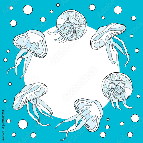 Six blue and white jellyfish arranged in a circle on a blue background with bubbles