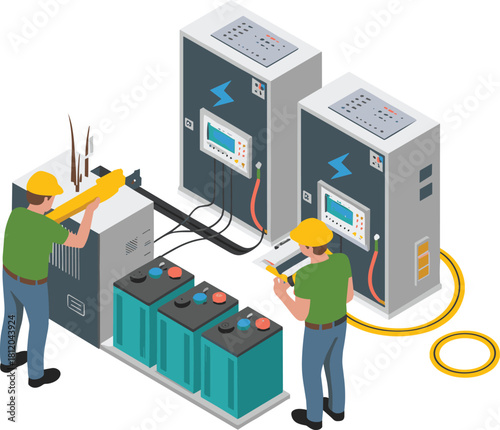 Isometric 3D illustration of electrical maintenance workers checking battery system, power control panel, and energy storage equipment for safety