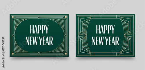 Happy New Year Greetings Card Layout in Green & Gold with Retro Vintage Art Deco Border Frame