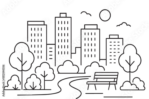 A simple black and white line drawing depicts a city park with tall buildings, trees, bushes, a winding path, and a park bench under a sun.