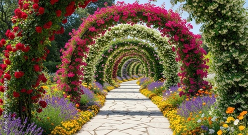 Fototapeta Naklejka Na Ścianę i Meble -  A beautiful garden pathway adorned with colorful flowers and greenery, leading to a tunnel of rose arches.