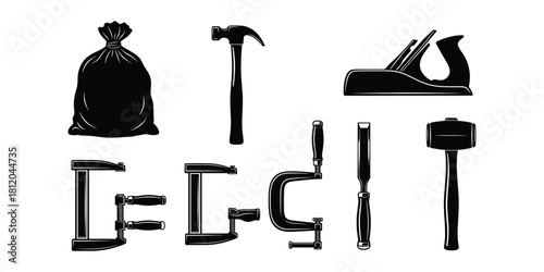 Silhouette collection of woodworking tools and a bag on white background Keywords: woodworking
