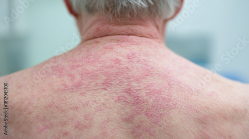 Back skin redness dry patches irritation senior close up dermatology texture health macro detail. image shows irritated back skin with dry patches and redness highlighting texture