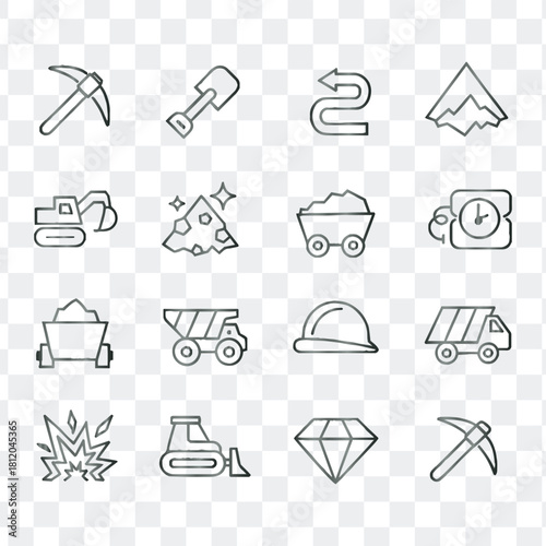 Outline vector icons for the mining industry, equipment, and natural resources